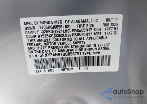 2011 Honda Pilot Touring z USA, uszkodzony, nr VIN 5FNYF4H97BB096791